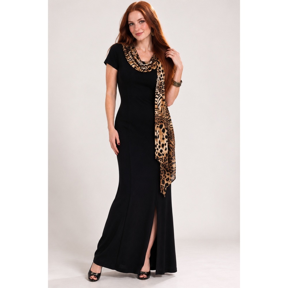 Vintage 90s Scarlett Black Maxi Dress with Leopard Scarf Detail Size 7/8